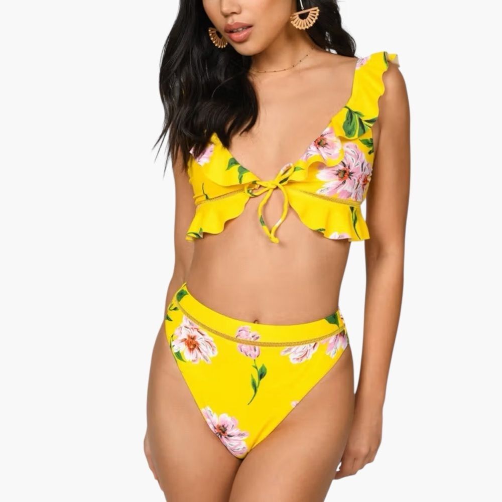 Tobi Yellow Floral Ruffle Bikini Set Women’s Small Tie Front High Cut Boho Pool